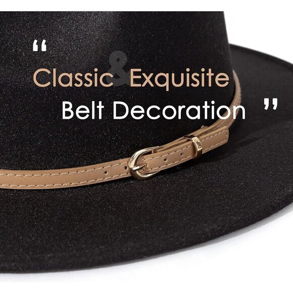 ? Lisianhus Classic Felt Fedora Women Black Wide Brim Fashion Belt Buckle Hats main image 5